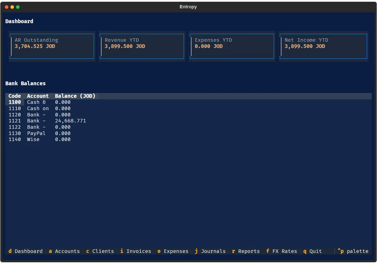 Entropy terminal dashboard showing multi-currency balances.