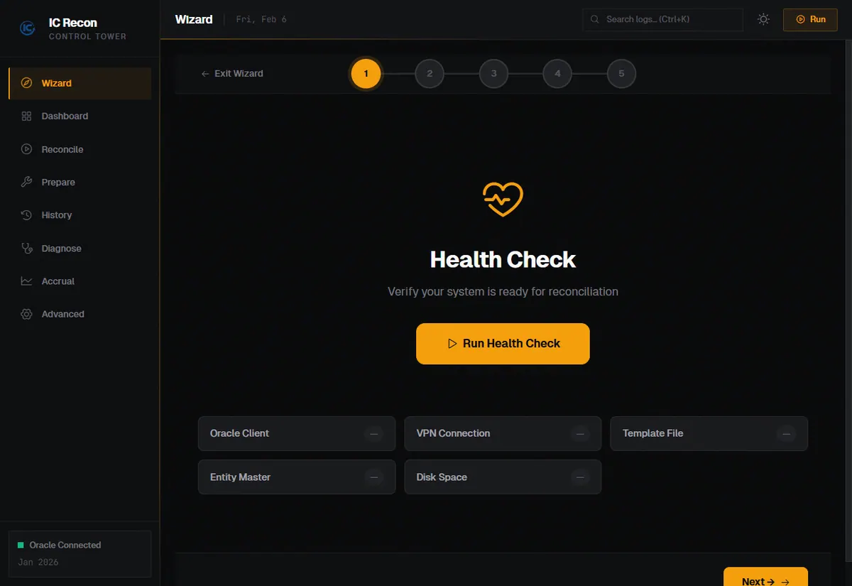 IC Recon health check before an intercompany reconciliation run.