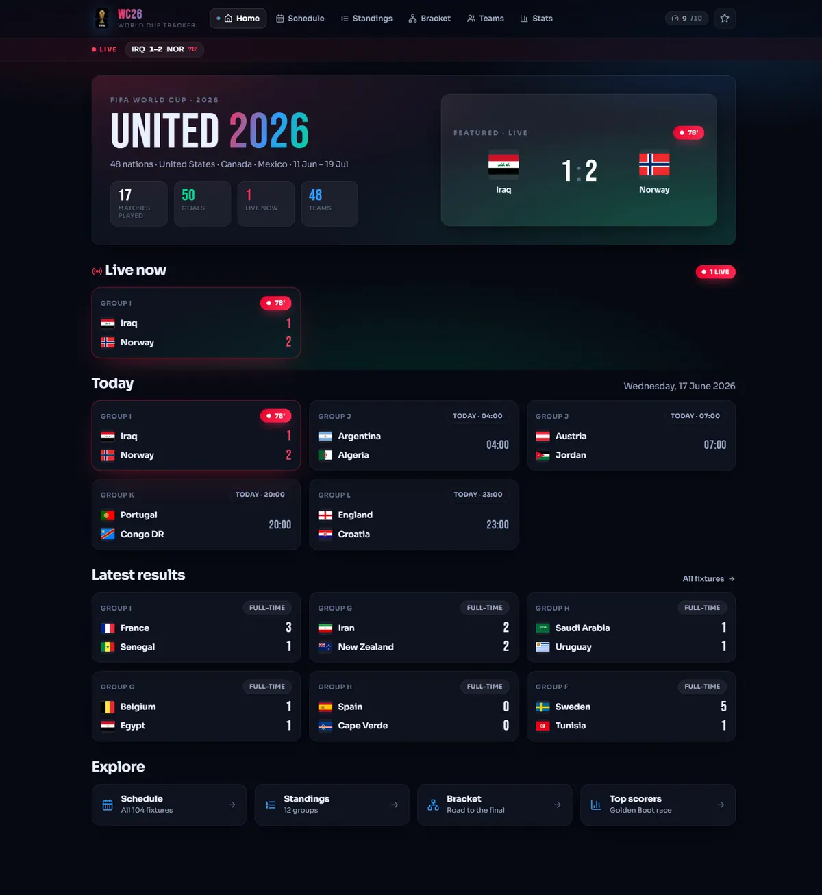 NashamaWC World Cup tracker home screen.